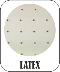 LATEX Vyrába sa z kôry kaučukovníka, po prevzdušnení vytvára poddajný materiál skladajúci sa z miliárd otvorených buniek spojených mikrovláknami. Latex sa vyznačuje výbornými ergonomickými a elastickými vlastnosťami.